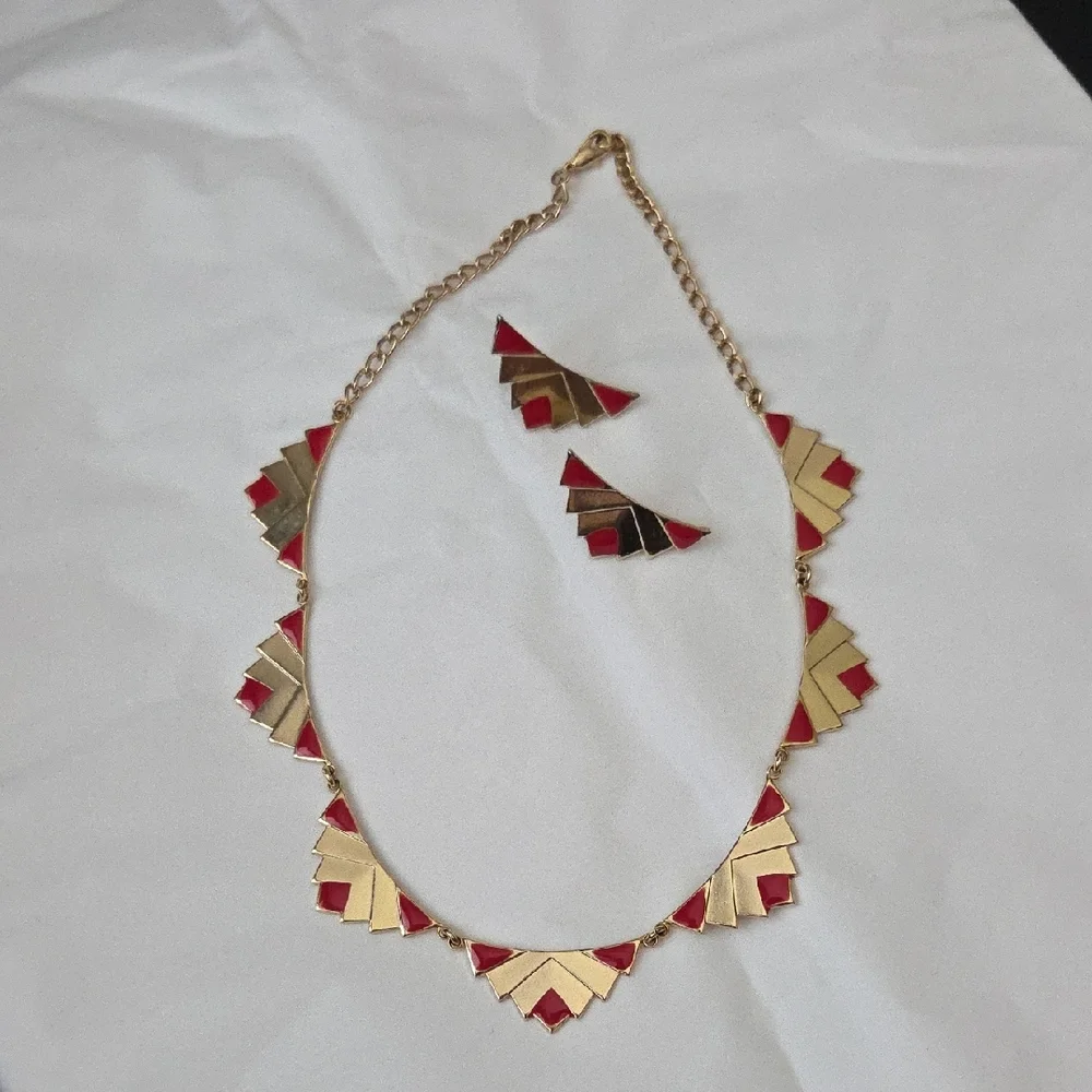 Rare Vintage Set 80s Gold-Tone & Red Enamel Geometric Earrings & Necklace - Picture 7 of 11